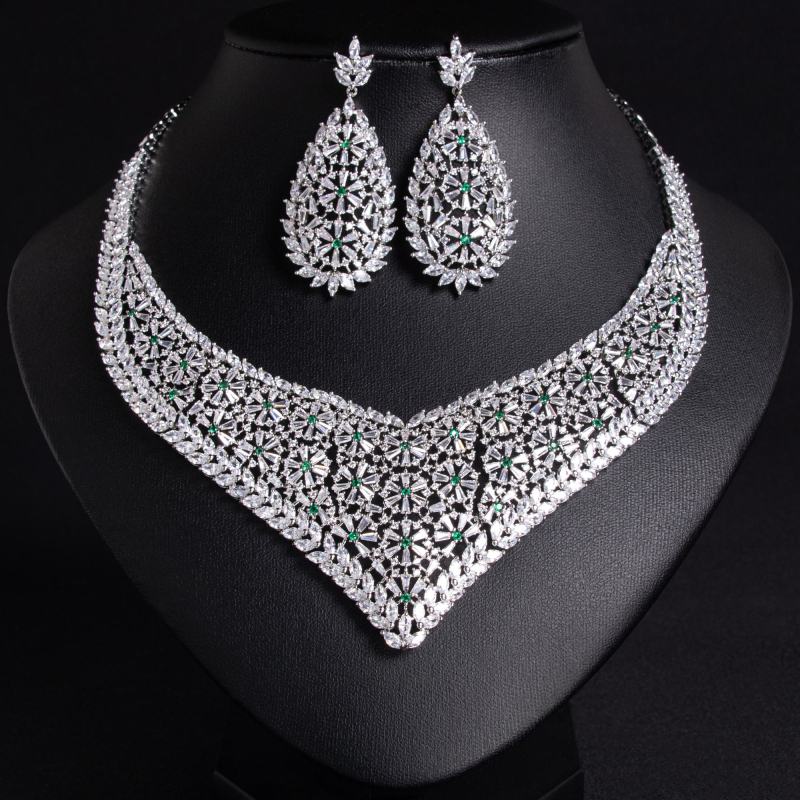 Floral Teardrop Bib Bridal CZ Jewelry Set