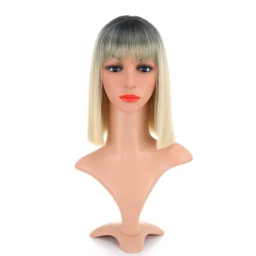 Anogol Cheap Ombre color black root Blonde Synthetic hair Bob Wigs With Bangs two tone ombre sik straight synthetic hair  wigs