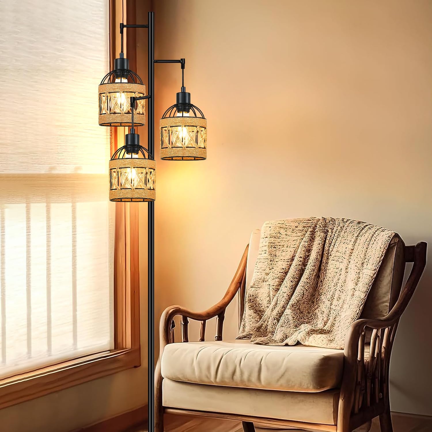 F250912 Floor lamp wire cage shade with hemp rope (3)