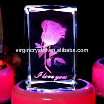 3D Laser Engraved Rose Crystal Block With LED Base For Mother's Birthday Gift