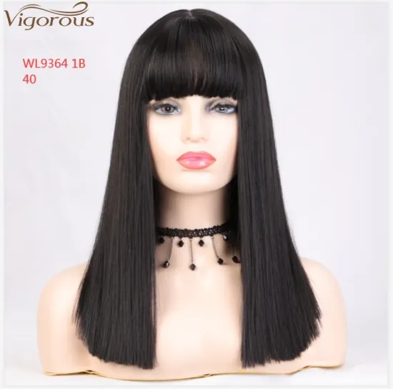 Vigorous High Temperature Wholesale Price  Cheap Long Silky Straight Black with Flat Bangs Synthetic Hair Wigs for Black Women