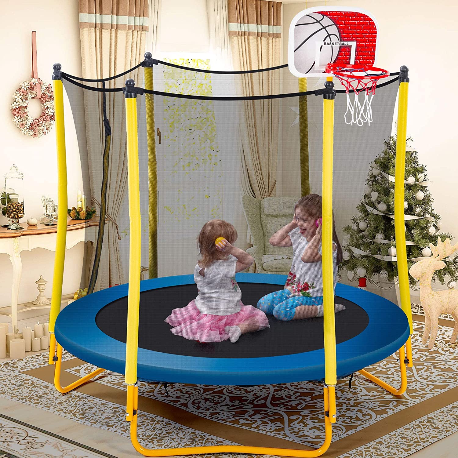 Trampoline pour enfants avec cerceau de basket, balle en caoutchouc et enceinte de sécurité