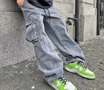 Men Cargo Work Pants Stone Wash Jeans