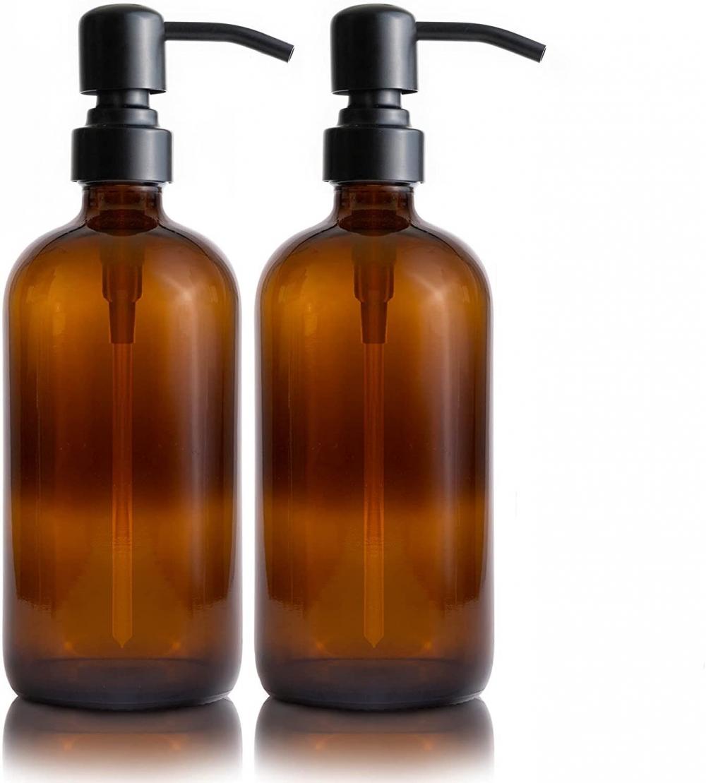 16OZ Amber Glass Lotion Bottles Stainless Steel Pumps