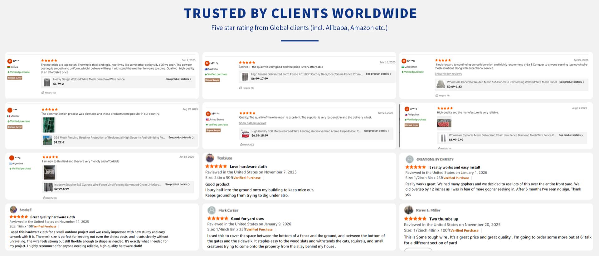 Vertrouwd door klanten over de hele wereld - getuigenissen van draadgaas van Anjia Group en vijfsterrenbeoordelingen Anjia Group wire mesh manufacturer trusted by clients worldwide - five star ratings and testimonials from global customers including Amazon buyers