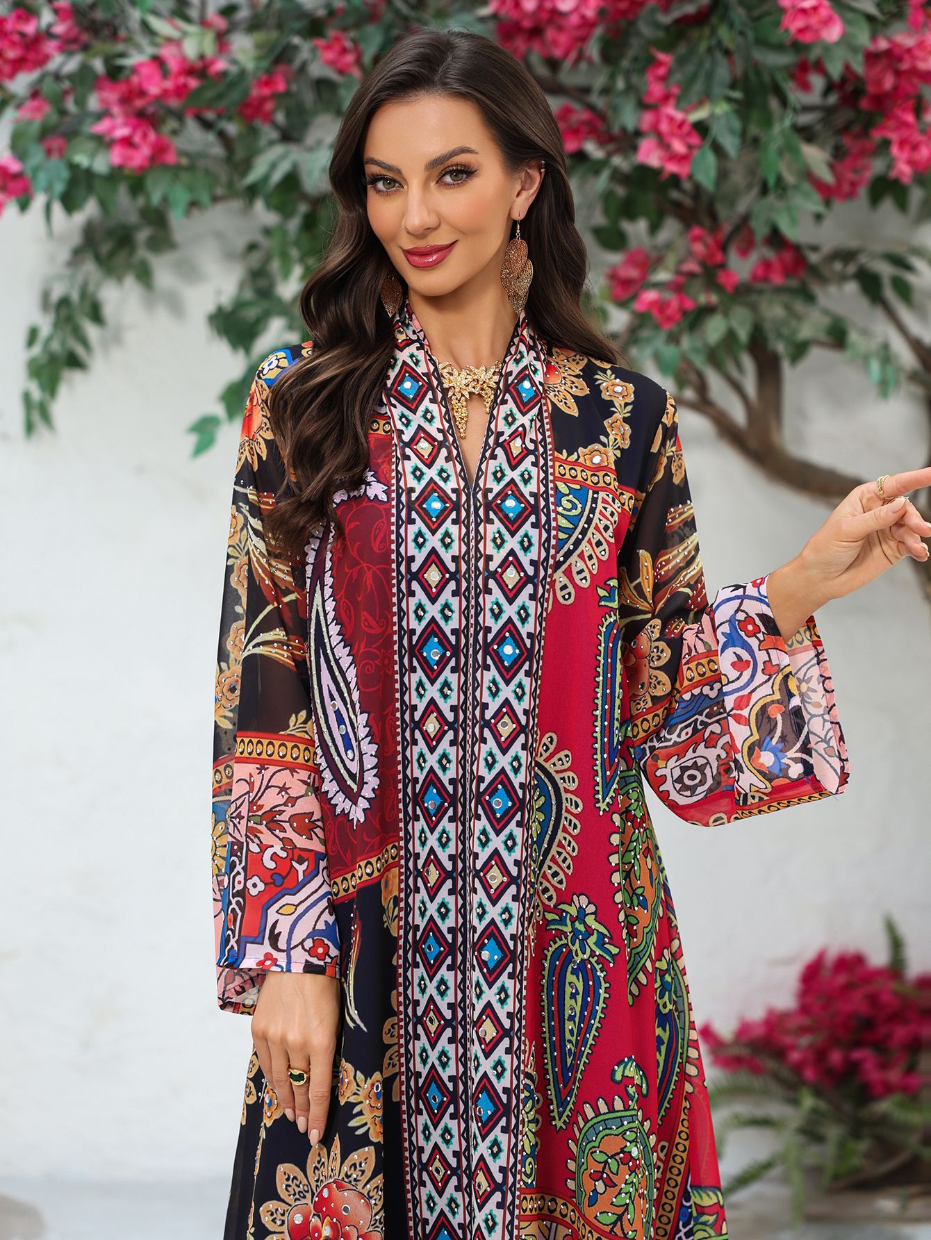 Ethnic Print V Neck Chiffon Maxi Dress