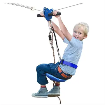 Kids Toys: 100 Feet Green Steel Backyard Zip Line Kit with Adjustable Seat and Spring Brake