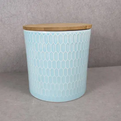 Embossed Ceramic Storage Jar With Bamboo Lid