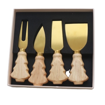 Stainless Steel Cheese Knife Gift Set with Wood Handles and Christmas Tree Design