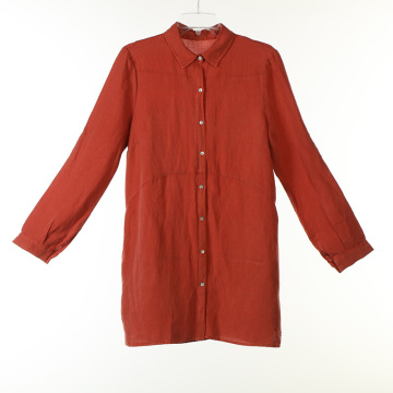 Garment Dye Linen/Viscose Long Blouse with Mother Pearl