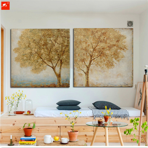 New Two Pieces Art Golden Trees Oil Painting