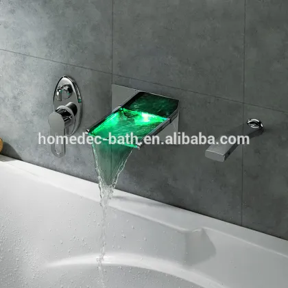 2016 popular wall mounted double handle 3 hole led lighting bathtub faucet