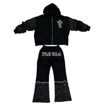 Customizable Zip-Up Washed Rhinestone Cut and Sew Oversized Streetwear Distressed Cotton Hoodie Sets: Manufacturer