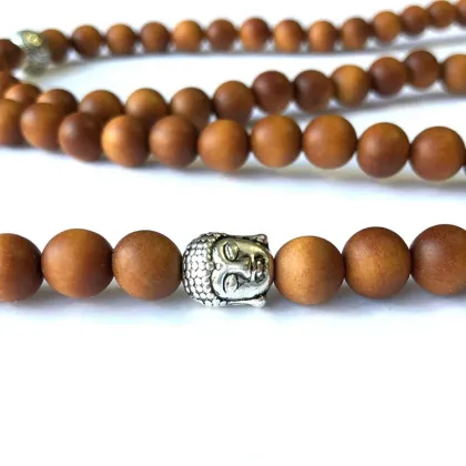 Mala Beads Bracelet: Sandalwood, 108 Beads, Buddha Figurine - Ideal for Meditation