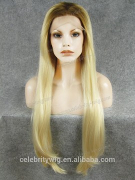 Extra Long Silky Straight Texture Dark Roots Ombre Blonde Color 30 inch Length Silky Straight Texture Synthetic Lace Front Wig