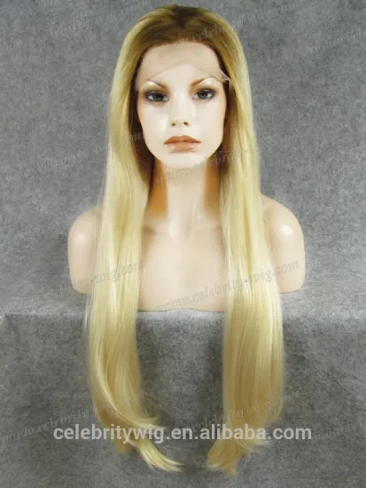 Extra Long Silky Straight Texture Dark Roots Ombre Blonde Color 30 inch Length Silky Straight Texture Synthetic Lace Front Wig