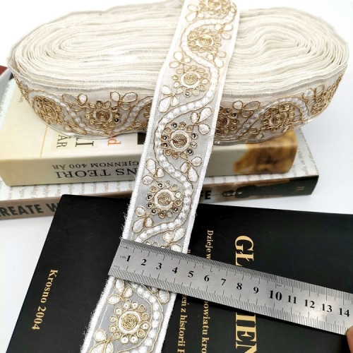 High Quality Gold Ribbon embroidery gem flower webbing