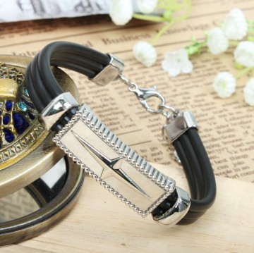 Fashion zinc alloy rhodium plated bracelet with star decorated and black leather cords