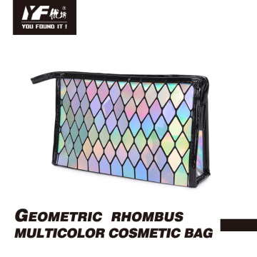 Geometrik eşkenar dörtgen çok renkli deri kozmetik çantası