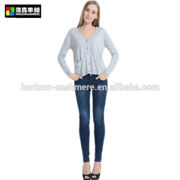 V Neck Long Sleeve Grey Cardigan, Plain Royal Cashmere Cardigan