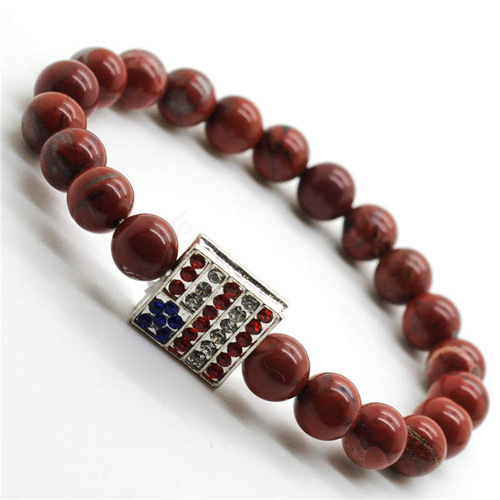 Red Jasper 8MM Round Beads Stretch Gemstone Bracelet with Diamante USA Flag Piece