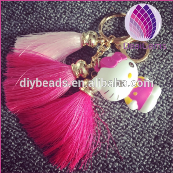 High quality colorful silk tassel with pink cat for keychain car mobilephone