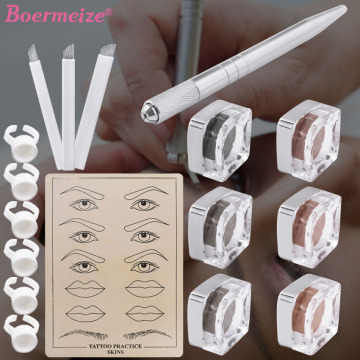 Tattoo Kit Pigment Ink Manual Pen Eyebrow Permanent Makeup Disposable Microblading Needles Practice Skin Ink Cup Set Beginners