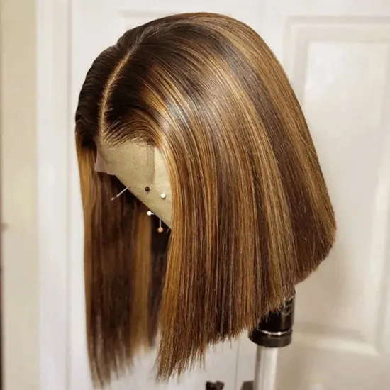 12A Highlight Bob Lace Wig Malaysian Virgin Human Hair Cuticle Aligned Ombre Bob Wigs 4/27 Honey Brown Colored HD Lace Bob Wigs