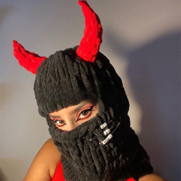 Custom Distressed Knitted Crochet Balaclava with Skull, Bunny Ears, and Horns
