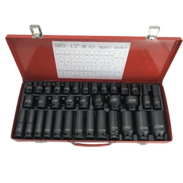 Comprehensive 35-Piece Car Repair Tool Kit including 1/2\" Square Drive Wrenches, Deep Impact Sockets, 12.5mm Jackhammer Hexagonal Socket Bits