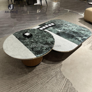 Minimalist Upholstered Curved Coffee Table Set - White Green Natural Marble