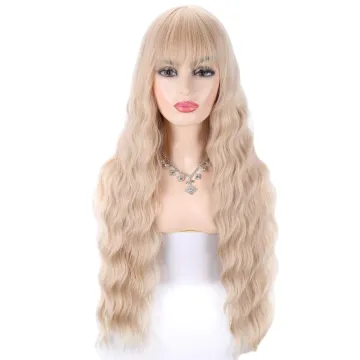 Wholesale 30 inch  Neat Bangs long Loose Body Wave Blonde Hair wig With Bangs Natural Fluffy Long Wavy Synthetic hair  Wigs