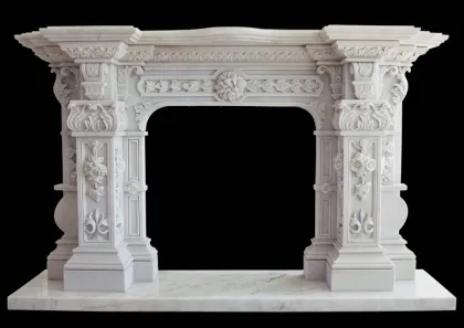 Hand Carved White Marble Mantel Floral Reliefs Artisan
