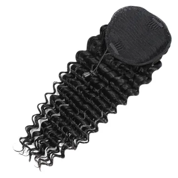 Cuticle aligned Virgin Remy Ponytail Hair Extension, 1b# Deep Wave Drawstring Ponytail Human Hair