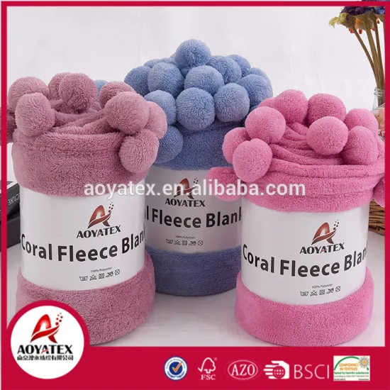 China factory new design super soft coral fleece throw blanket with pompom