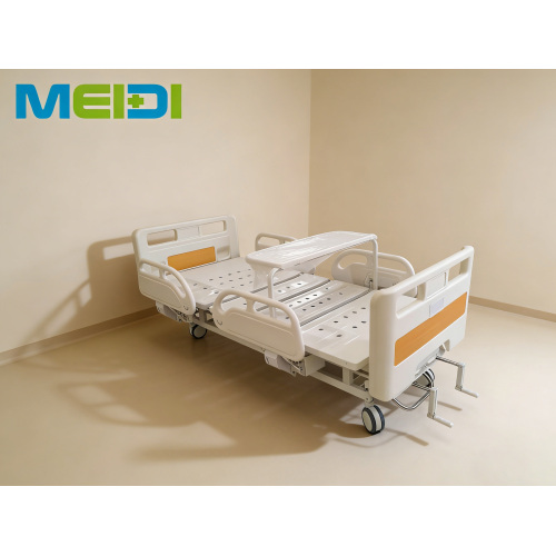 Premium Perforated Double Crank Hospital Bed with Steel Central Control Brake, Four Guardrails & Dining Table Board