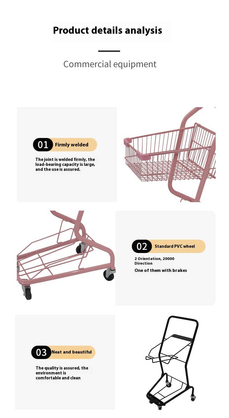 F7 Double-Layer Supermarket Basket Shopping Cart Japanese-Style KTV Drink Cart in Pink and Red Portable Platform Structure