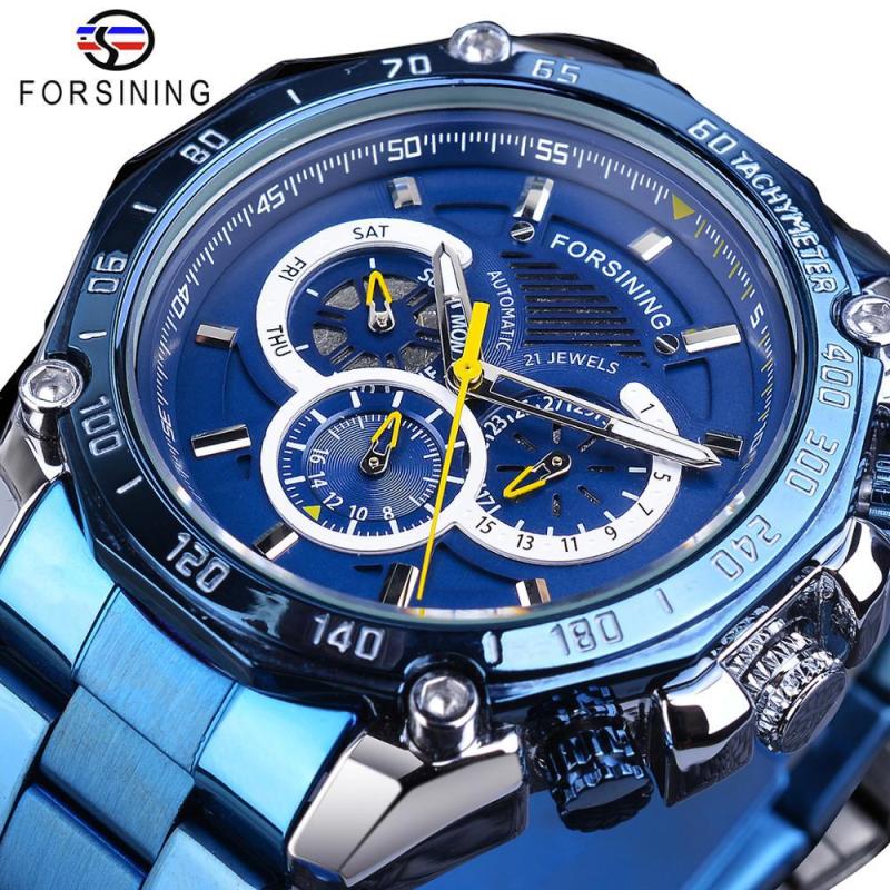 Forsining Stainless Steel Men's Automatic Mechanical Watch with Week, Date Display, and Luminous Design