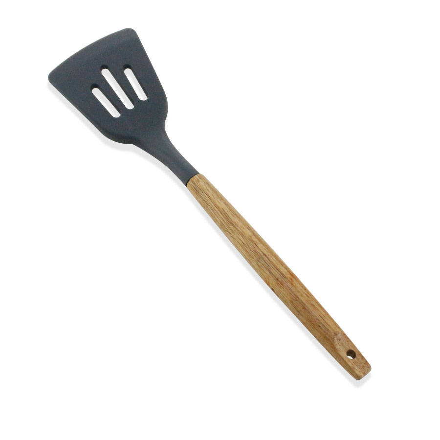 Kitchen silicone slotted spatula turner with wooden handle