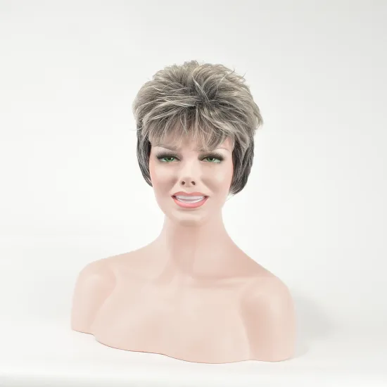 Aishili wholesale short fluffy grey black aged hair kinky straight natural wave synthetic wig for old people