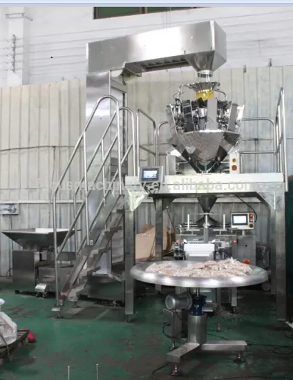 Multi discharge outlet bucket conveyor with packaging machine for food industry process