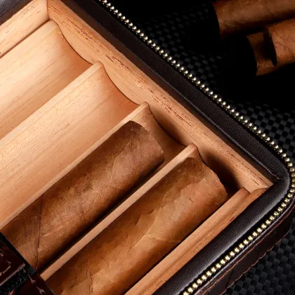 Portable Wood Cigar Humidor Box - Travel Leather Cigar Case for 4 Cigars