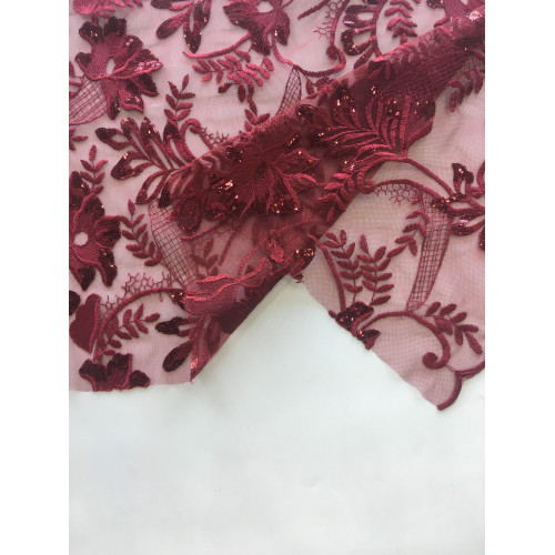 Burgundy Sequin Embroidery Fabric For Garment