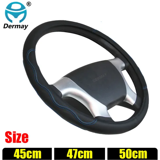 DERMAY 45cm 47cm 50cm Car Steering Wheel Covers PU Leather Blue line for Car Bus Truck Customized Large Size