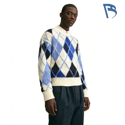 Elegant Ice Blue Knit Sweater with Argyle Pattern