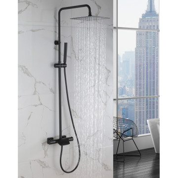 Europe 8" Matte Black Square Exposed Surface Mounted Chrome Brass Thermostatic Bath Shower Set