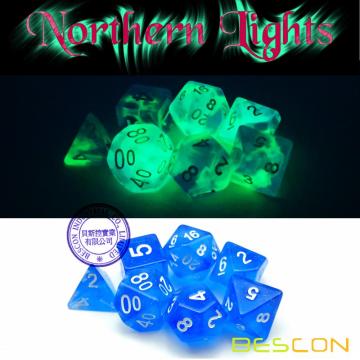 Bescon Super Glow in the Dark Nebel Glitter Polyhedral Würfel Set NORTHERN LIGHT, leuchtende RPG Würfel Set, leuchtende Neuheit DND Würfel