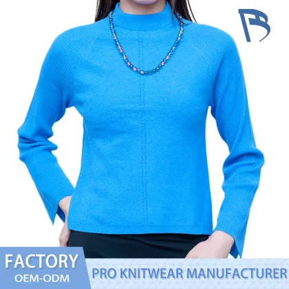 Klein Blue Vertical Rib Mock Neck Knit Top