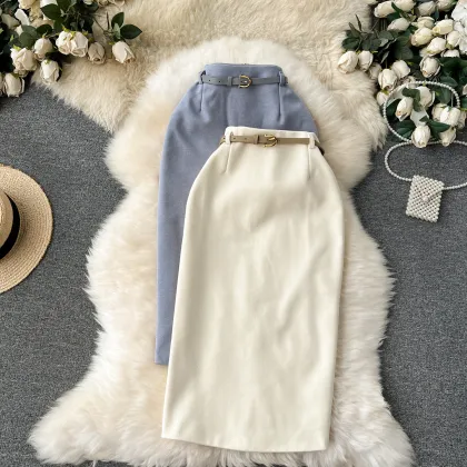 LW0236: New Autumn/Winter Woolen Dress with Matching Slim-Fit Wrap Hip Skirt