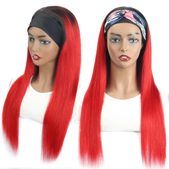 Brazilian Human Hair Headband Wigs Ombre Red Colored Human Hair Straight Wigs for Black Women Remy Hair No Lace Machine Made Wig